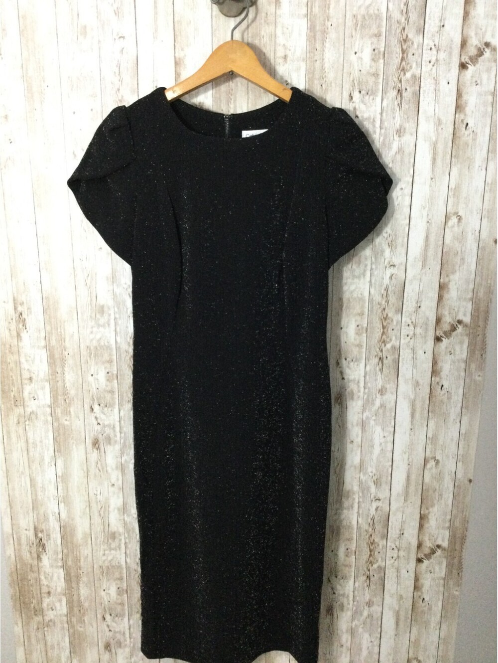 Calvin Klein Women Black Silver Shimmer Short Sleeve Sheath Dress Stretch Size 8